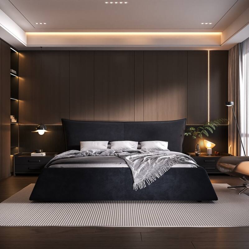 Queen Size Upholstered Platform Bed with Special Shaped Velvet Headboard
