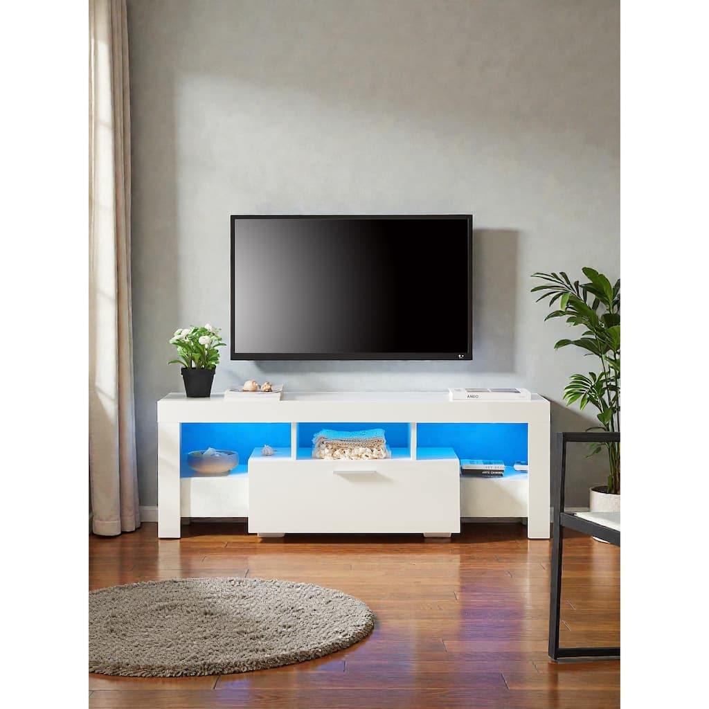 Modern LED TV Stand for 55" TVs, 51" Entertainment Console with RGB Lights, Toughened Glass Shelf & Storage Drawers