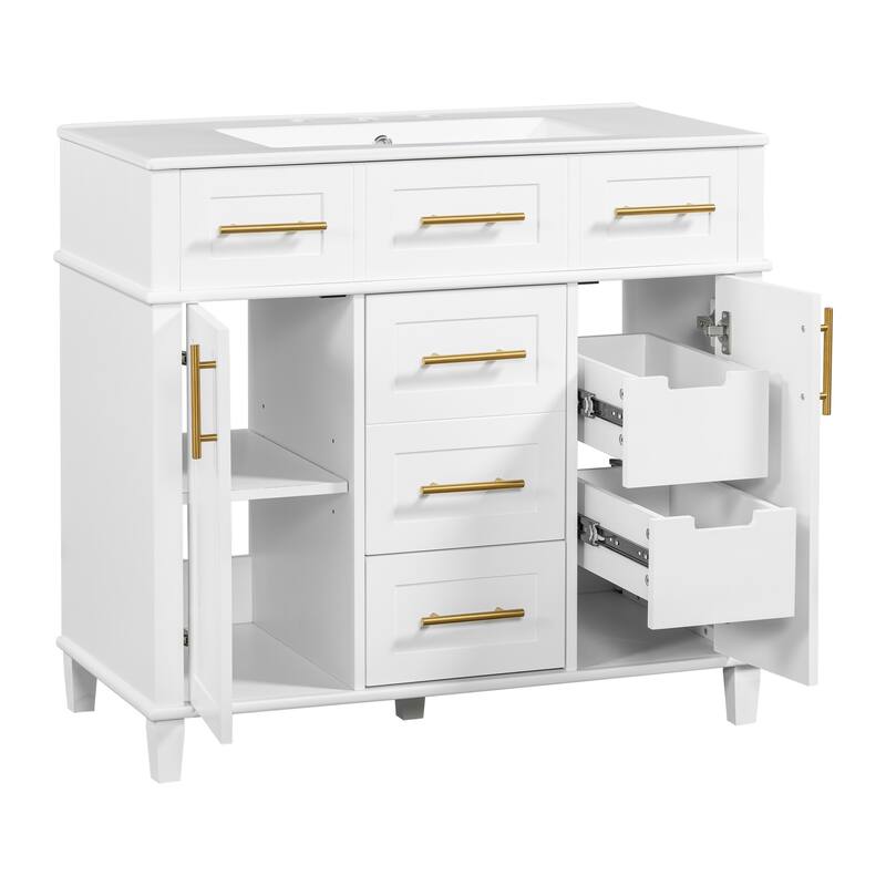 36" White Bathroom Vanity Cabinet With Versatile Storage - 4 Soft Close Drawers 1 Adjustable Shelf, 2 Soft Close Doors