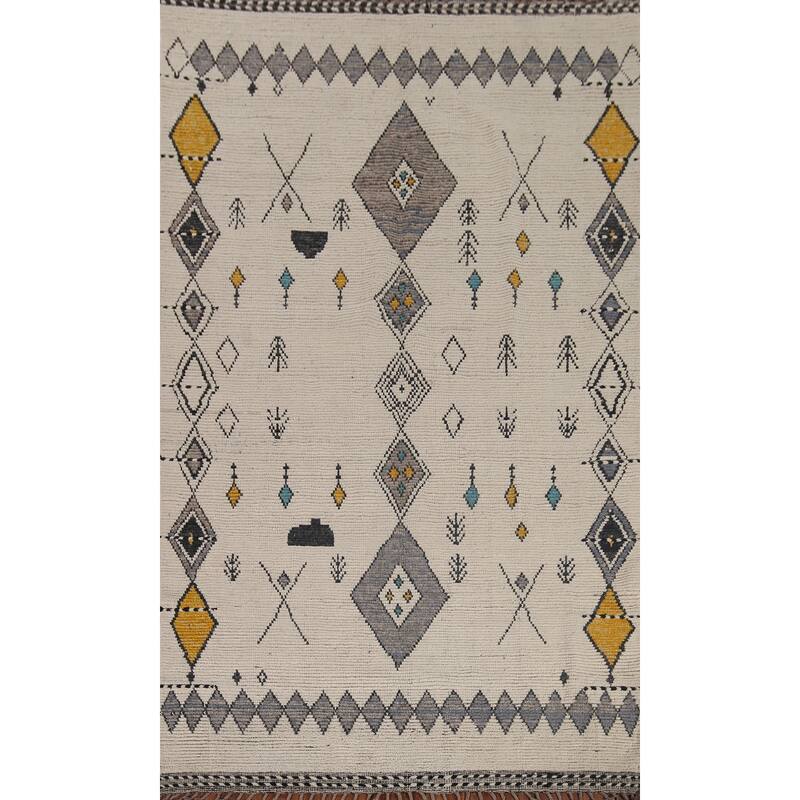 Geometric Moroccan Area Rug Hand-Knotted Wool Carpet - 6'8"x 11'0"