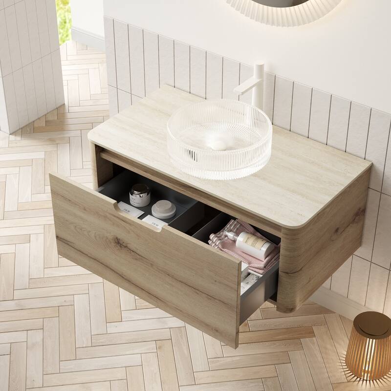 GDFStudio - Xai Floating Bathroom Vanity with Transparent Round Glass Basin, Roma Travertine-Pattern Sintered Stone Top - 36" - White Oak