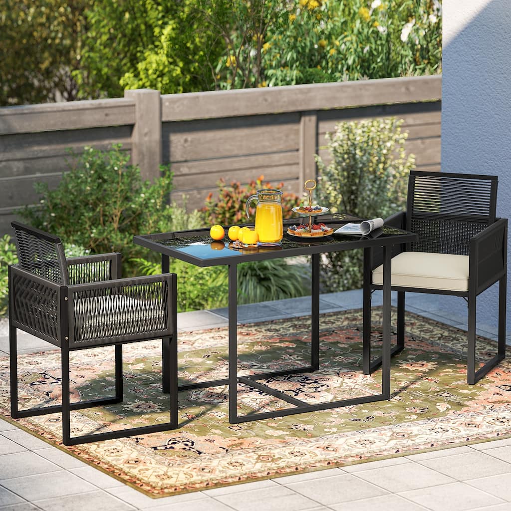3 Piece Patio Set with Cushioned Chairs and Glass Top Coffee Table - 42.5" x 24" x 28.5"
