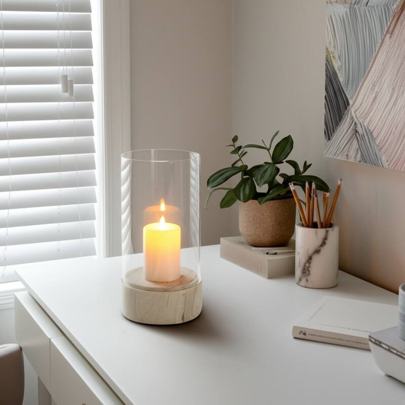 Glass Hurricane Lantern with Marble Base for Home Office - 13" Ivory - 8.25" x 8.25" x 13" - Ivory - 8.25" x 8.25" x 13"