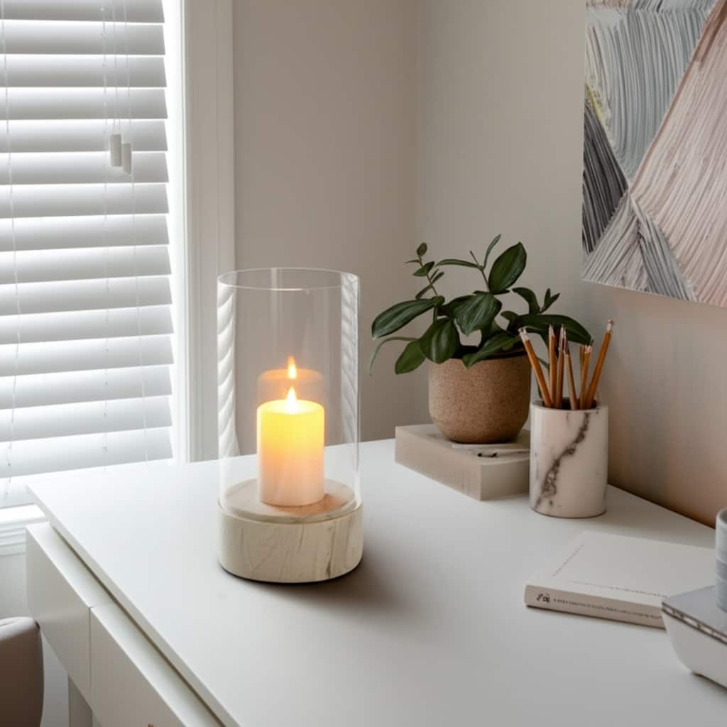 Glass Hurricane Lantern with Marble Base for Home Office - 13" Ivory - 8.25" x 8.25" x 13"