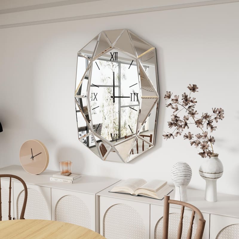 Irregular Glass Wall Art Mirror with Beveled Diamond Edge Accent Mirror - Silver with Clock