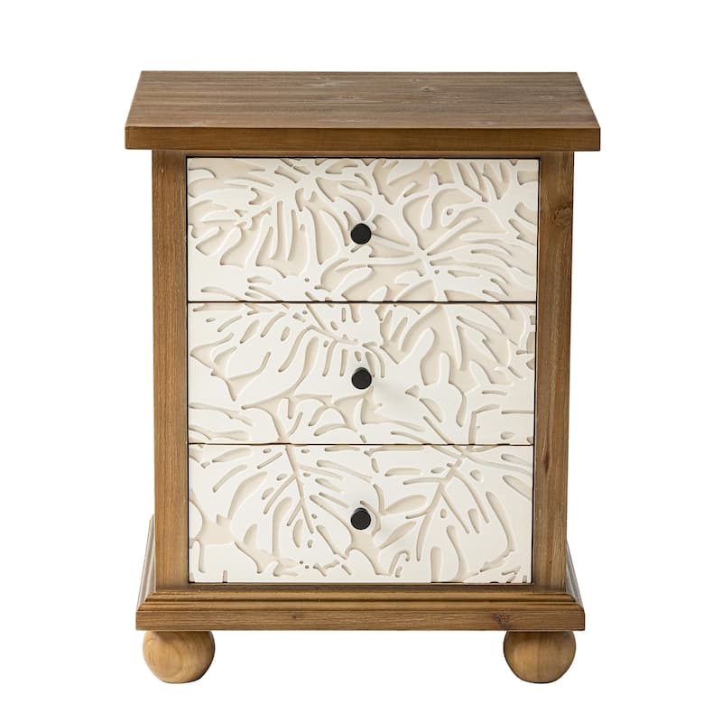 COZAYH Rustic Farmhouse 3-Drawer Nightstand with Leaves Pattern Carved, Vintage French Country Dresser Chest Accent Cabinet