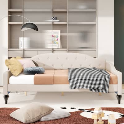 Full Size Beige Tufted Upholstered Daybed with Sturdy Wood Frame, No Box Spring Required, for Small Spaces and Guest Rooms