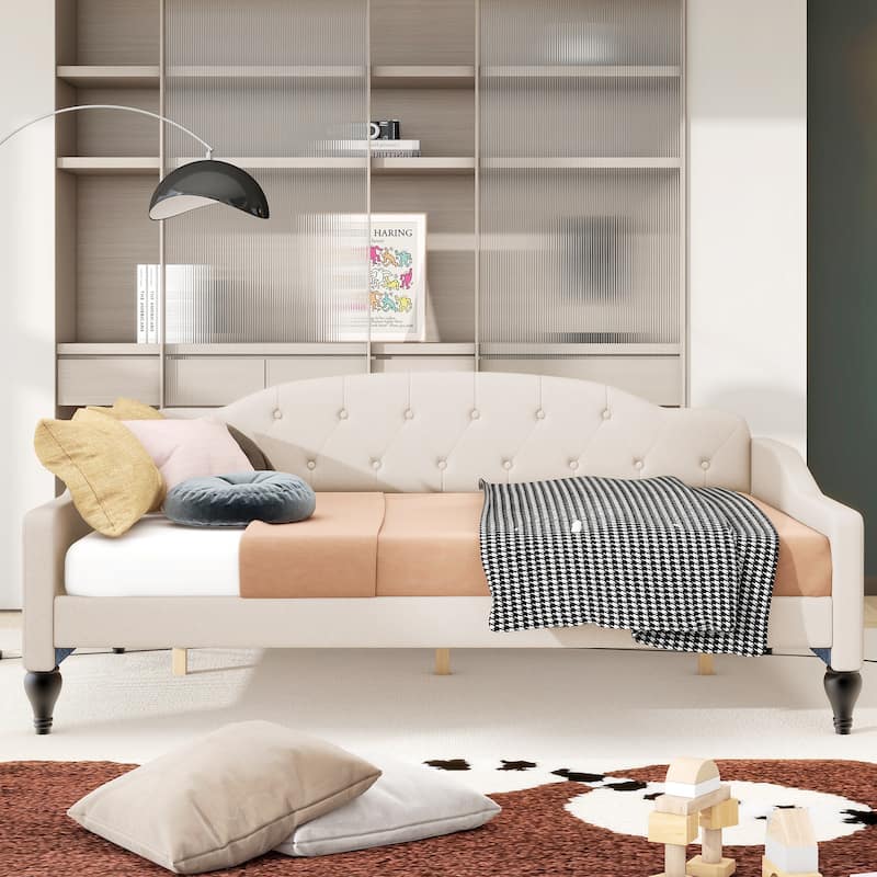 Full Size Upholstered Tufted Daybed in Beige with Linen Fabric