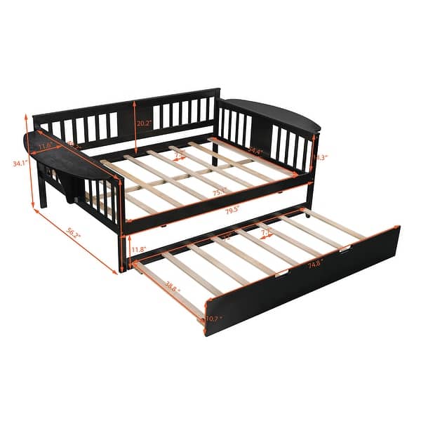 dimension image slide 2 of 6, Wooden Daybed with Trundle, Sofa Bed for Bedroom Living Room