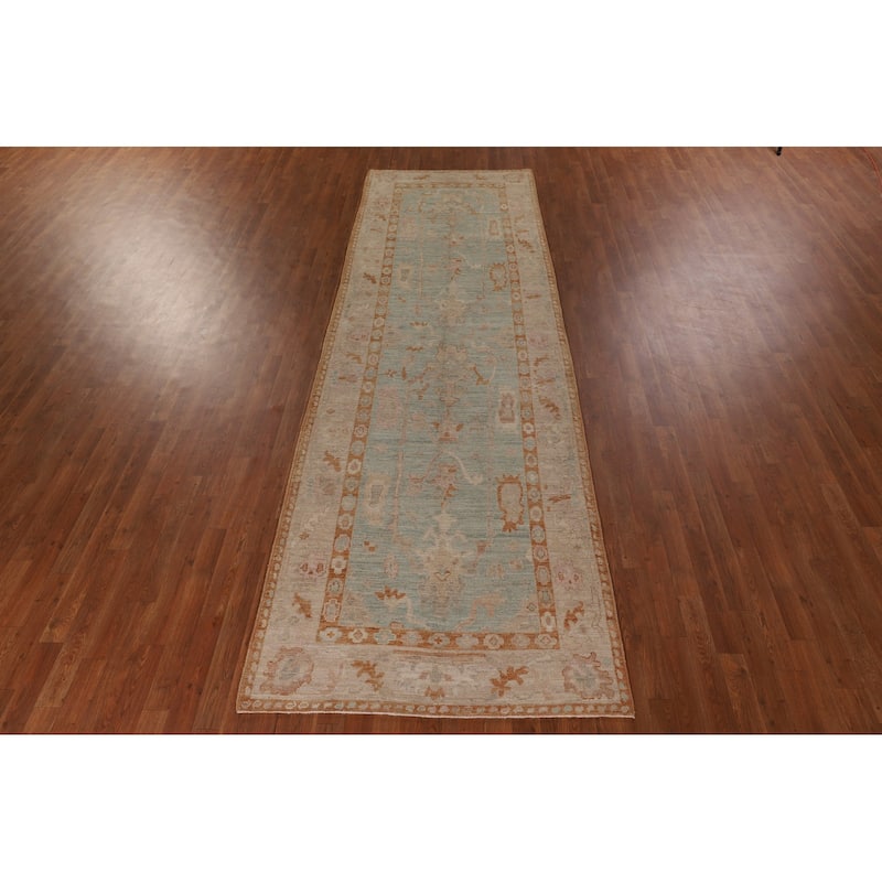 Vegetable Dye Oushak Turkish Runner Rug Handmade Wool Carpet - 4'0" x 12'2"