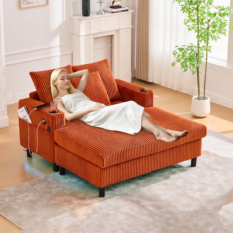 Recliner Sofa Loveseat with Chaise Lounge, Sleeper Sofa with USB & Type-C Charging Ports, Sofa Bed with Cup Holders - Orange