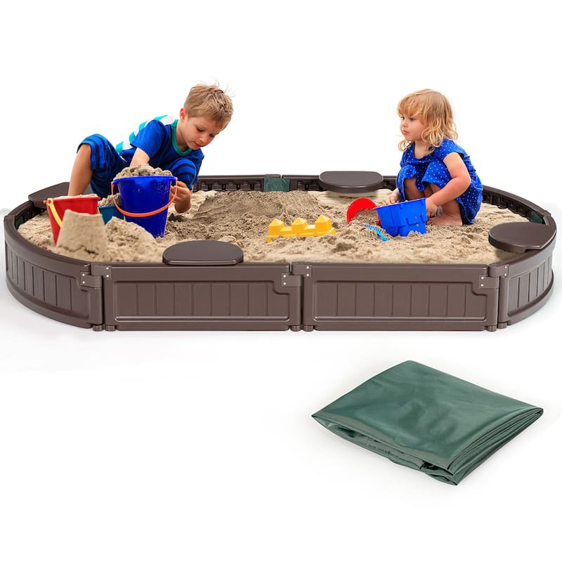 Kids Sandbox w/Cover Weather Resistant Outdoor Sandbox Kit - Brown