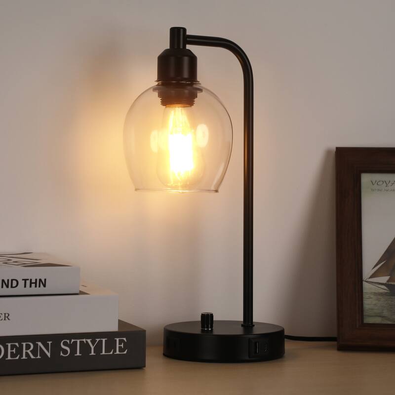 14.5 in. Industrial Table Lamp with Glass Shade with USB Port and Outlet
