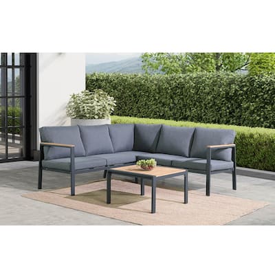4 Piece Teak Finished Outdoor Sectional Sofa, Matte Charcoal Aluminum Frame