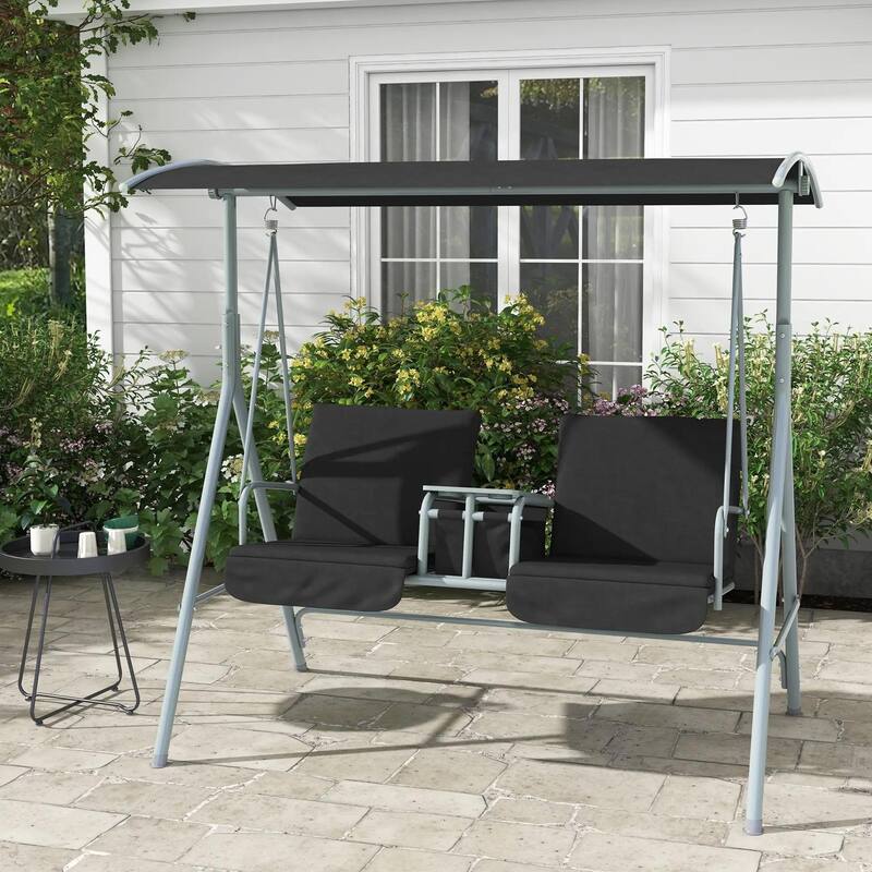 2-Seater Outdoor Porch Swing with Canopy and Table, Patio Swing Chair
