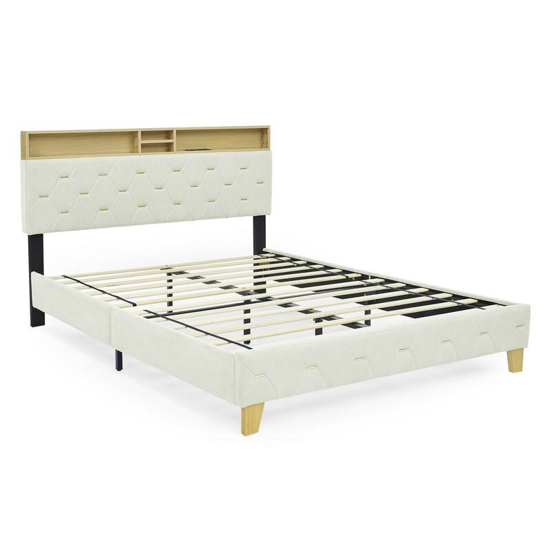 Queen Size Bed Frame, Shelf Upholstered Headboard, Platform Bed with ...