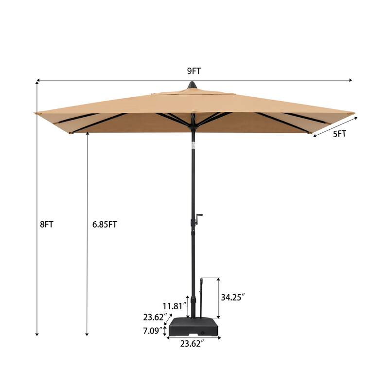 9 x 5 FT Patio Outdoor Rectangular Market Umbrella with Square Base Stand