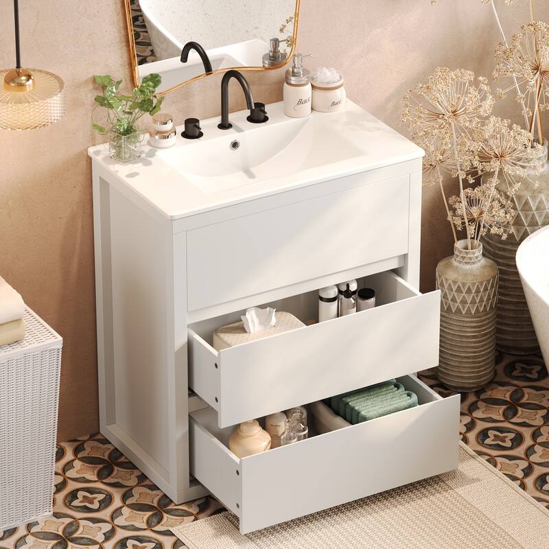 30"/60" Bathroom Vanity Set, Freestanding Bathroom Vanity Cabinet with Ceramic Sink Basin & Drawers