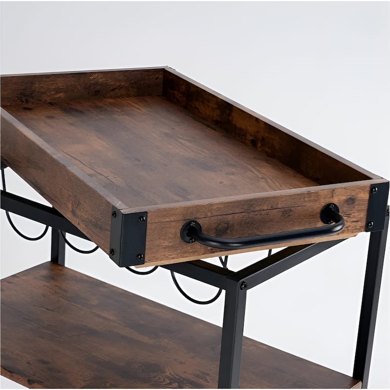 3-Tier Industrial Kitchen Serving Trolley - Wood and Metal Bar Cart with Wine Rack