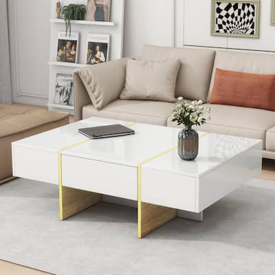 High Gloss Coffee Table with 2 Drawers, Rectangle Storage Sofatable with Wood Legs, Modern Center Table for Living Room