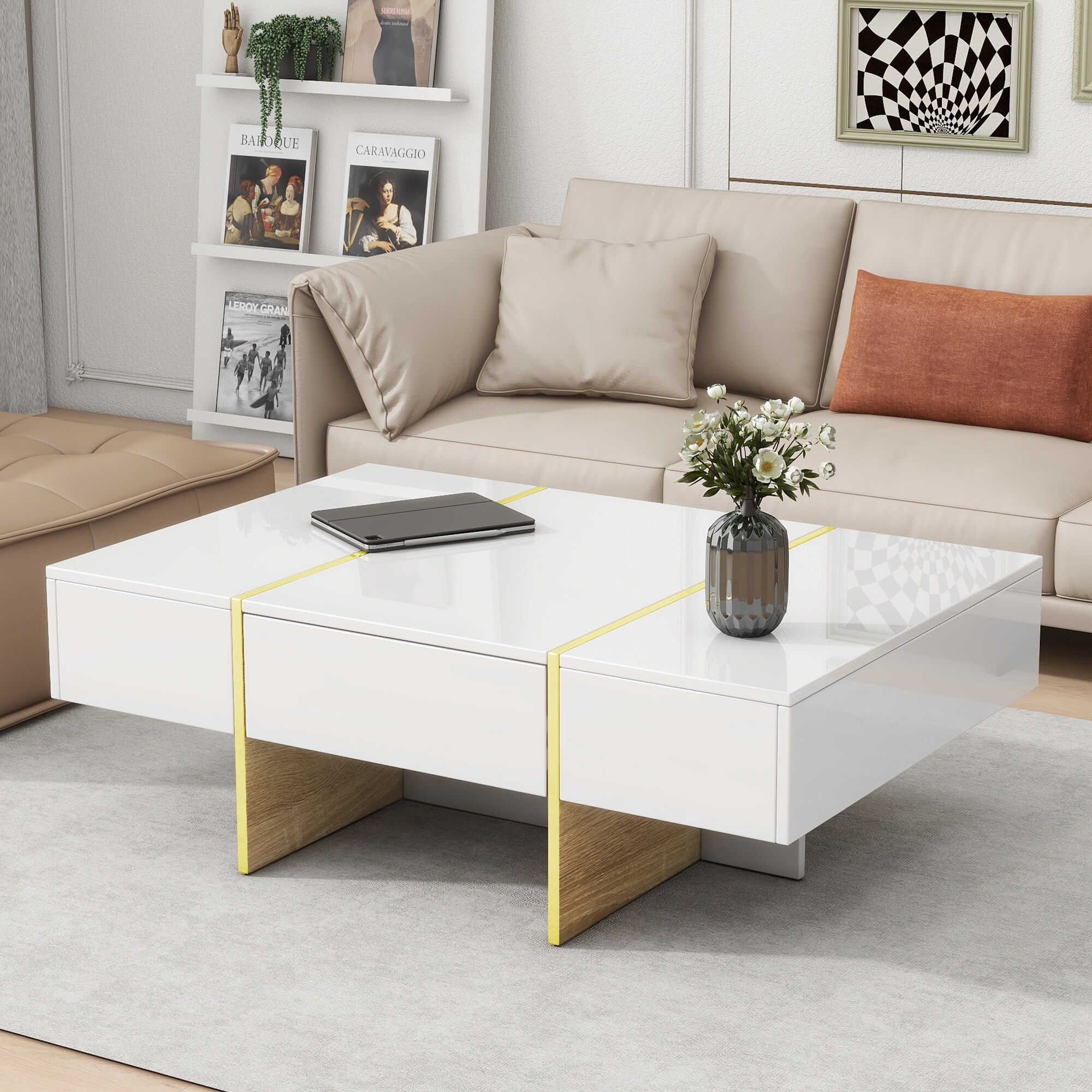High Gloss Coffee Table with 2 Drawers, Rectangle Storage Sofatable with Wood Legs, Modern Center Table for Living Room