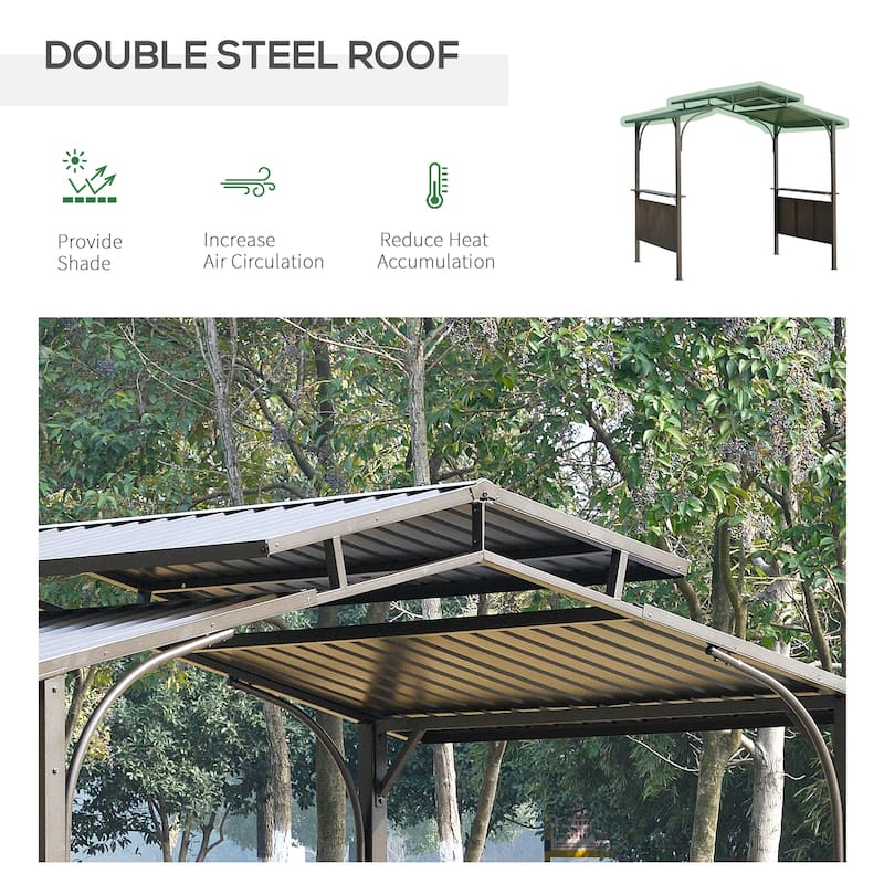 Outsunny 8'x5' BBQ Grill Gazebo with 2 Side Shelves, Outdoor Double Tiered Interlaced Polycarbonate Roof with Steel Frame, Brown
