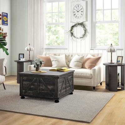 Distressed Brown Particleboard and Pine Wood Coffee Table with Flip-Top Storage - 31.5" W x 31.5" D x 18.5" H