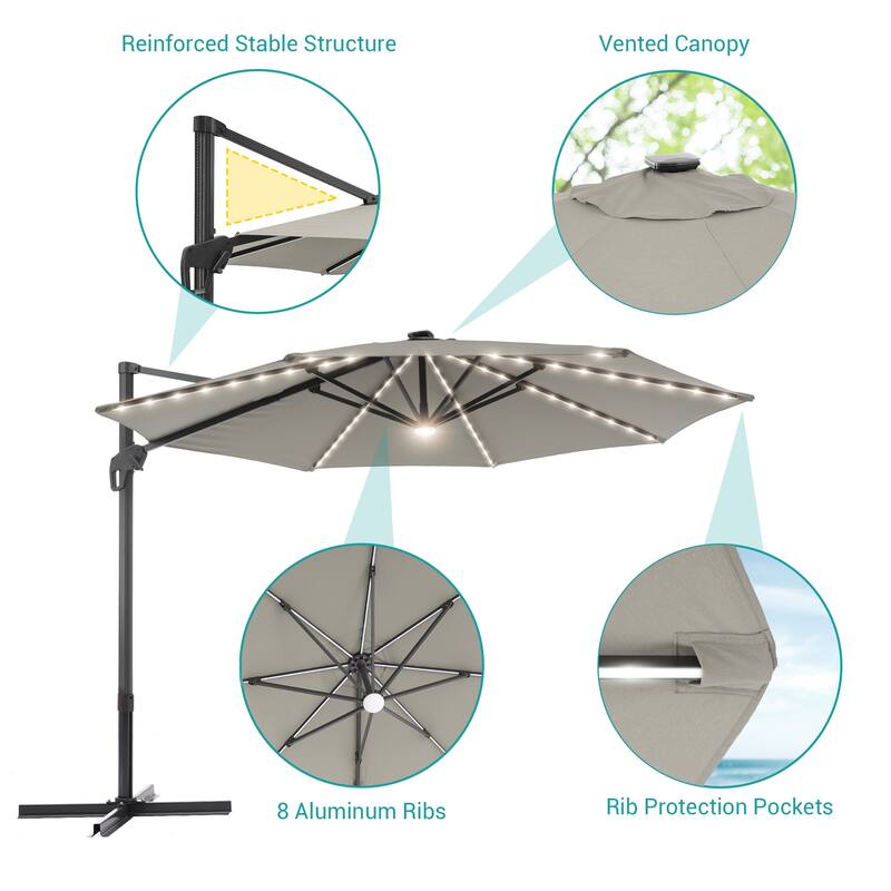 BONOSUKI 11FT LED Cantilever Patio Umbrella Angle Adjustment w/Cross Base