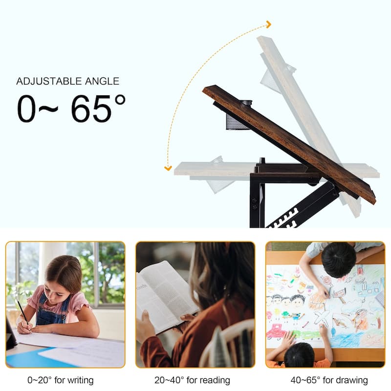 Javlergo Vintage Drawing Drafting Table, Adjustable Tilting Top Art Desk Craft Work Station with Pencil Ledge