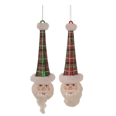Transpac Glass Plaid Hat Santa Ornament Set of 2 Christmas Home Decorations - Multicolor