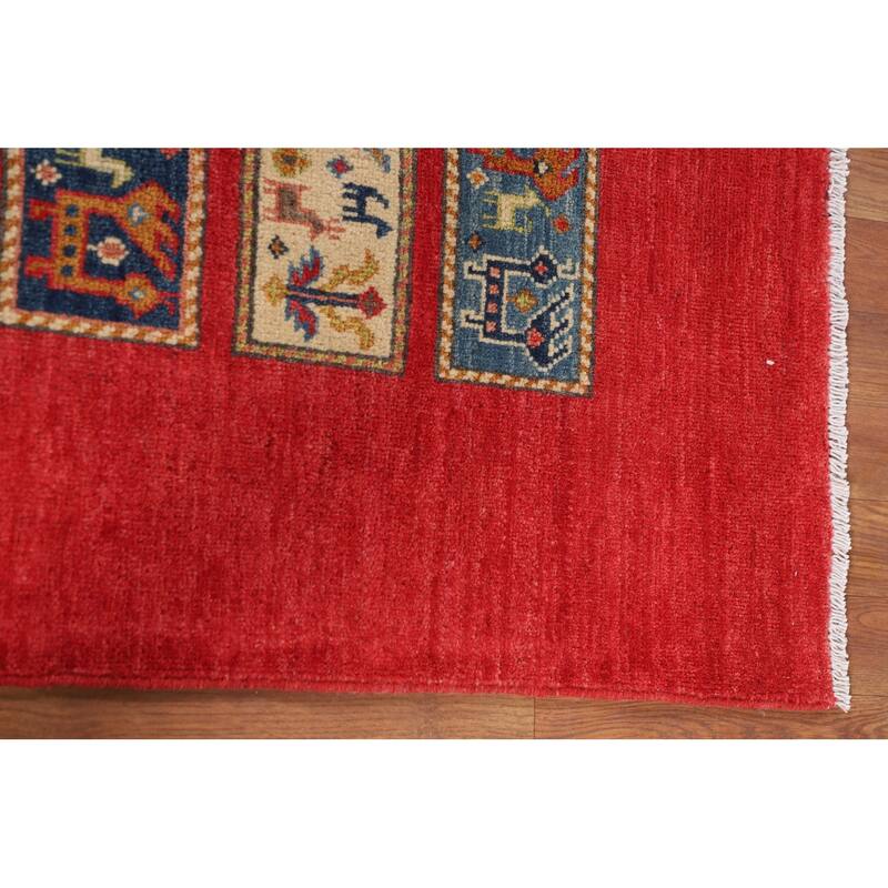 Tribal Geometric Red Kazak Oriental Area Rug Hand-Knotted Wool Carpet - 3'11" x 5'11"