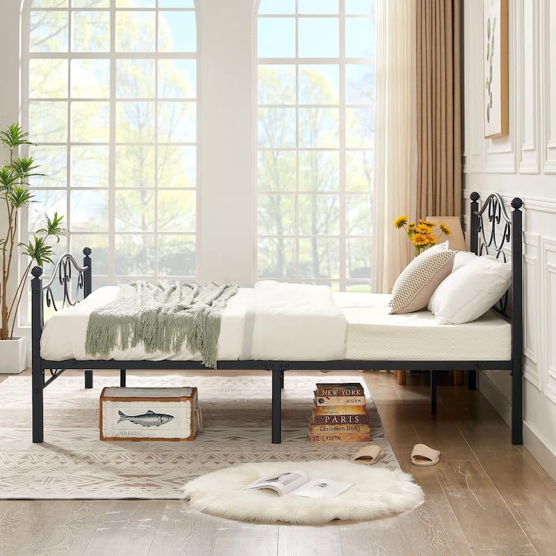 VECELO Metal Platform Bed Frame with Scroll Headboard, Twin/Full/Queen Size Beds