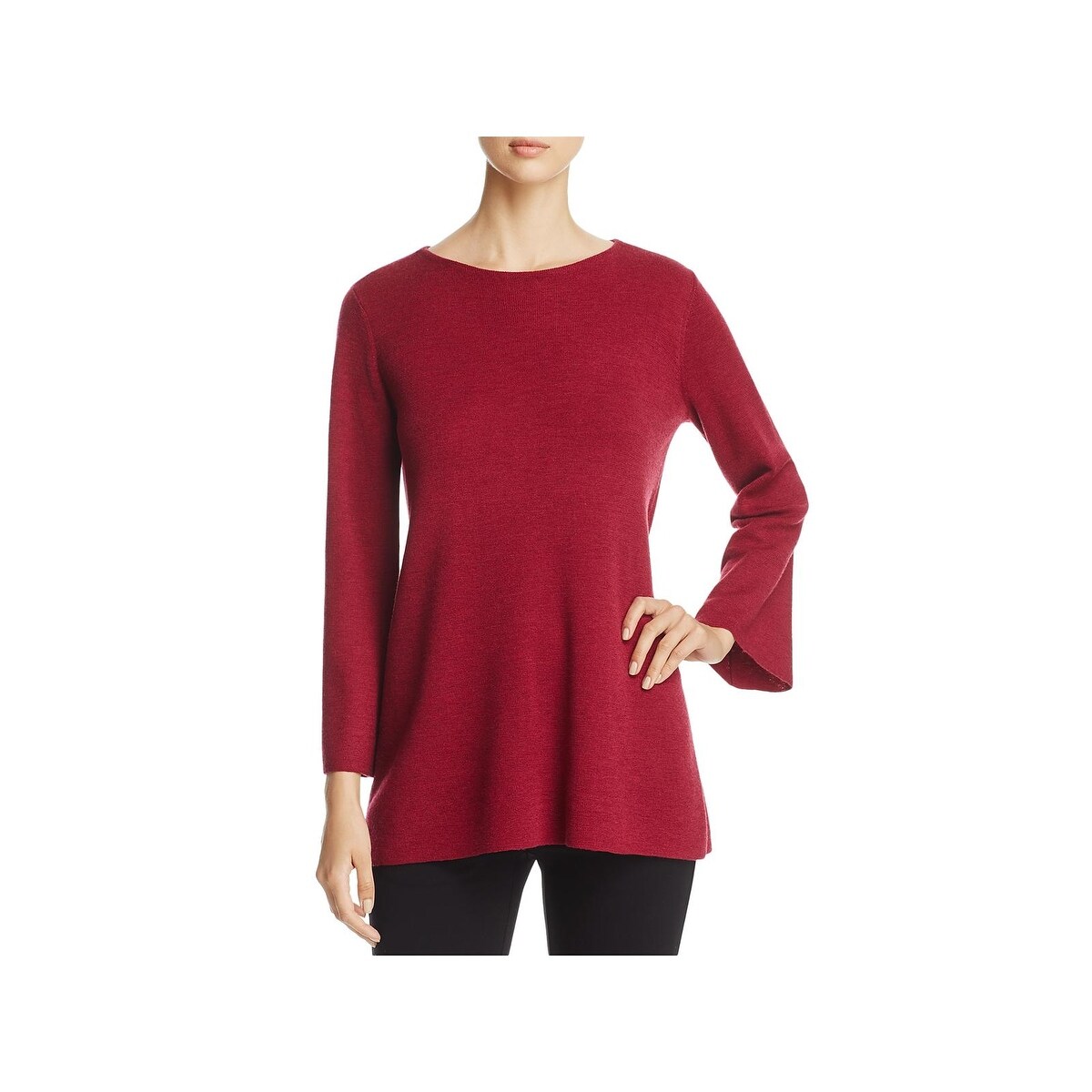 Shop Eileen Fisher Womens Petites Tunic Sweater Merino Wool Bell Sleeve Overstock 24110628