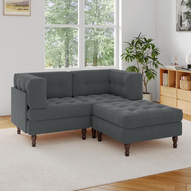 Corduroy Upholstered Modular Corner Sectional Sofa with Reversible Ottoman - Grey