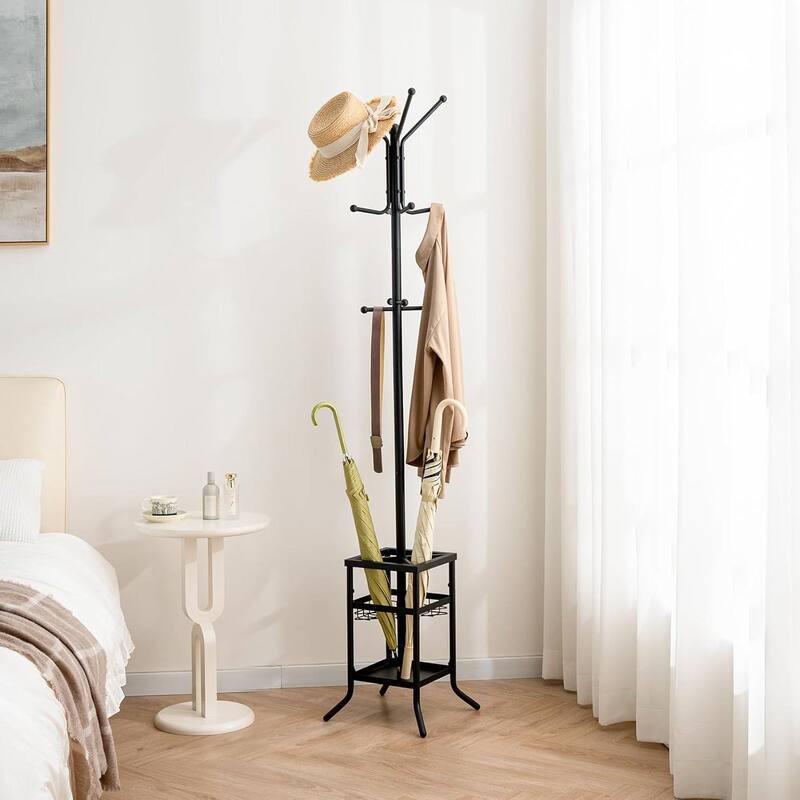 Metal 12-Hook Coat Rack Hall Tree with Umbrella Holder and Tray - 13.7" D × 13.7" W × 73.6" H