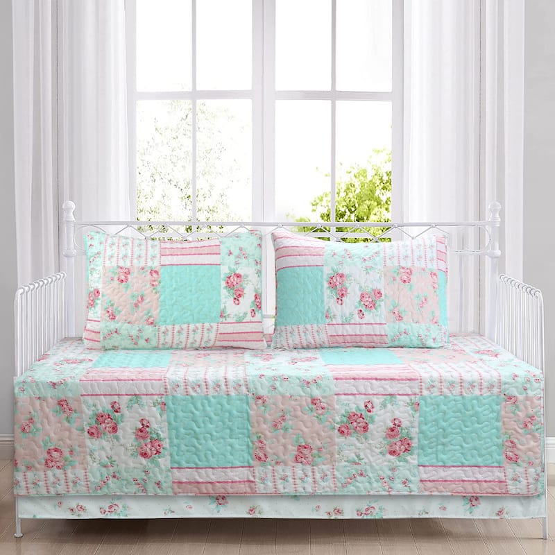 Cozy Line Tiffany Pink Garden Floral Patchwork Print Pink White Microfiber Reversible DayBed Quilted Bedding Set - 4 Piece