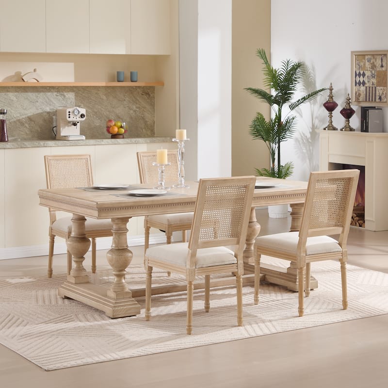 Dining Chairs Set of 2, Upholstered Chairs with Nature Rattan Square Back, Wire Drawing and Carving Techniques,Disassemblable