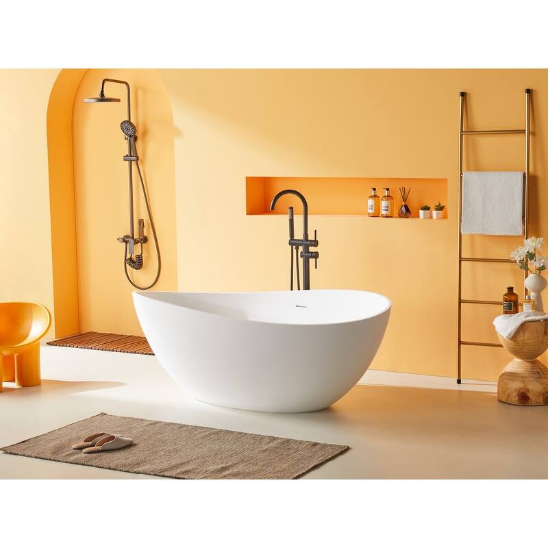 ABRUZZO 63" x 37" Freestanding Solid Surface Soaking Bathtub with Overflow & Pop-up Drain