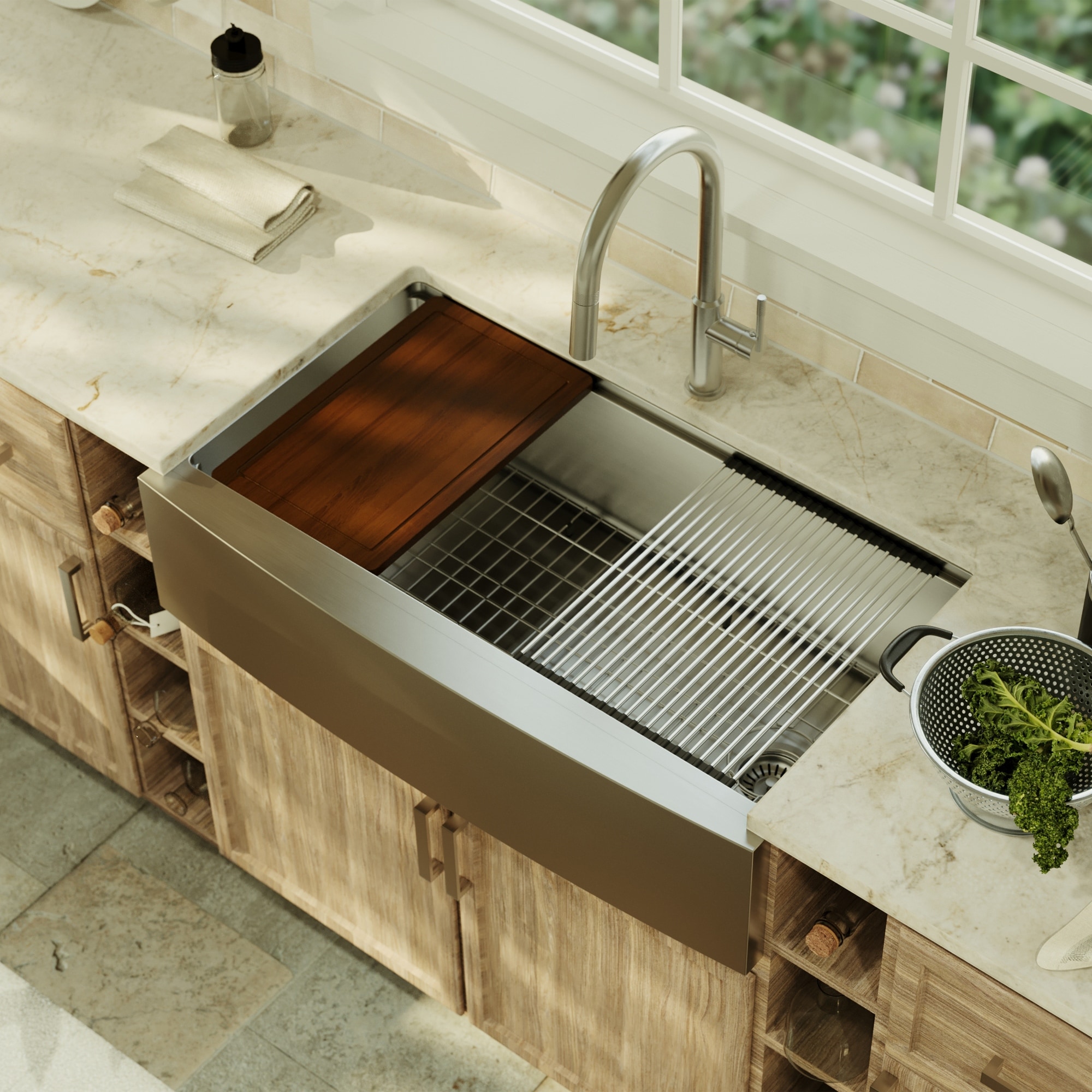 Karran Elite WSA-46-PK1 Apron Front Farmhouse 36" Single Bowl Stainless Steel Workstation Sink - Stainless Steel