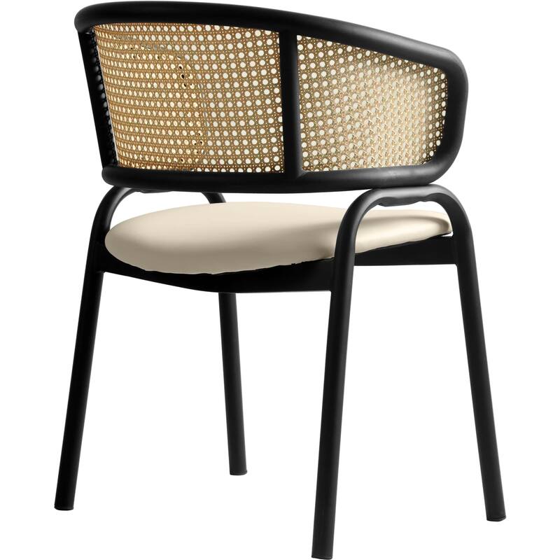 LeisureMod Set of 2 Modern Leather Dining Chair with Wicker Back & Black Steel Frame - Accent Side Armchair for Home Furniture