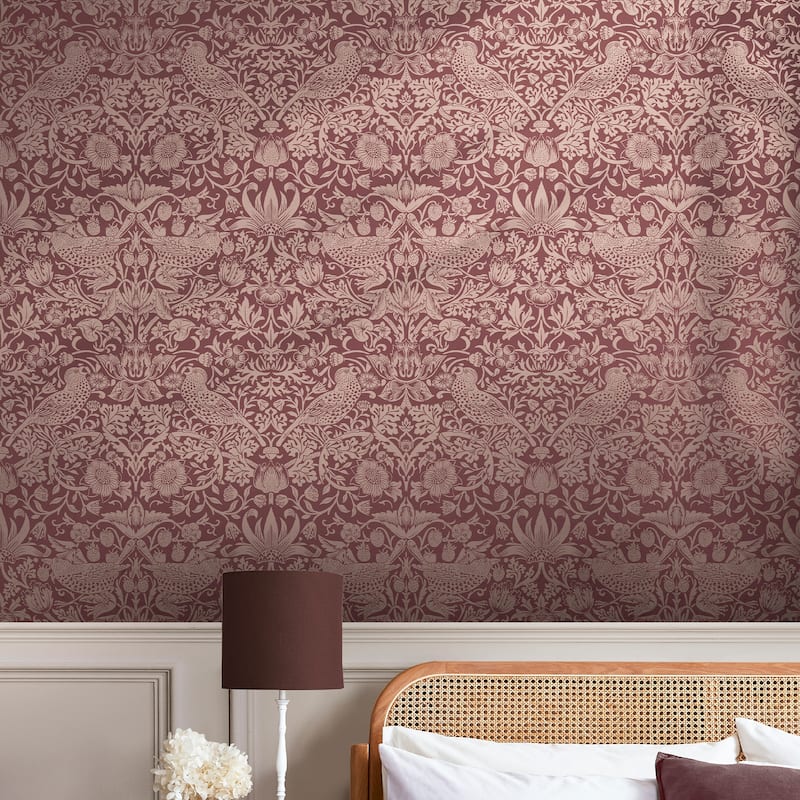 William Morris Strawberry Thief Fibrous Burgundy Wallpaper
