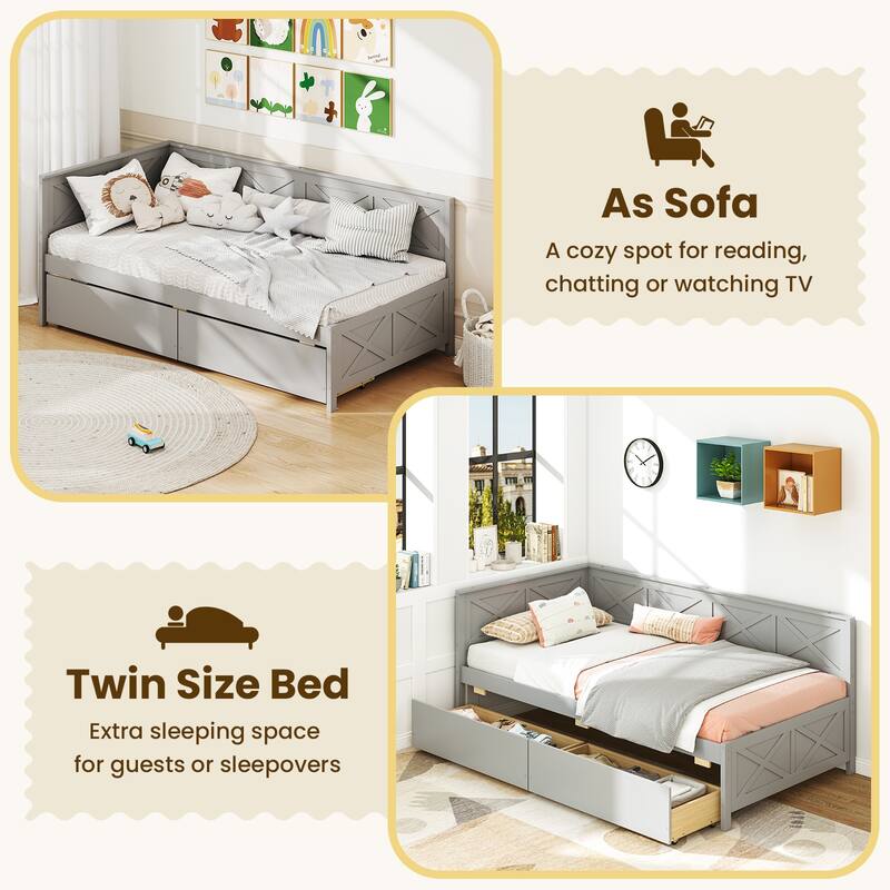 Twin Size Wooden Corner Sofa Daybed Frame with 2 Storage Drawers and Slats for Kids or Guest Bedroom