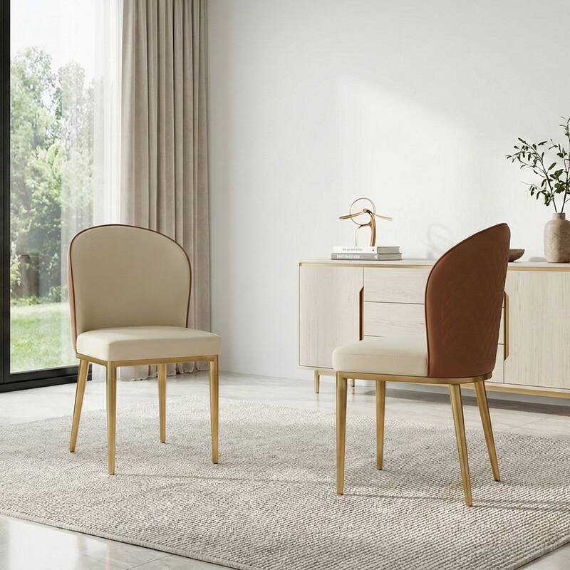 Modern Upholstered Dining Chair Set of 2 - Light Yellow Faux Leather Seat with Brown Back & Gold Metal Legs