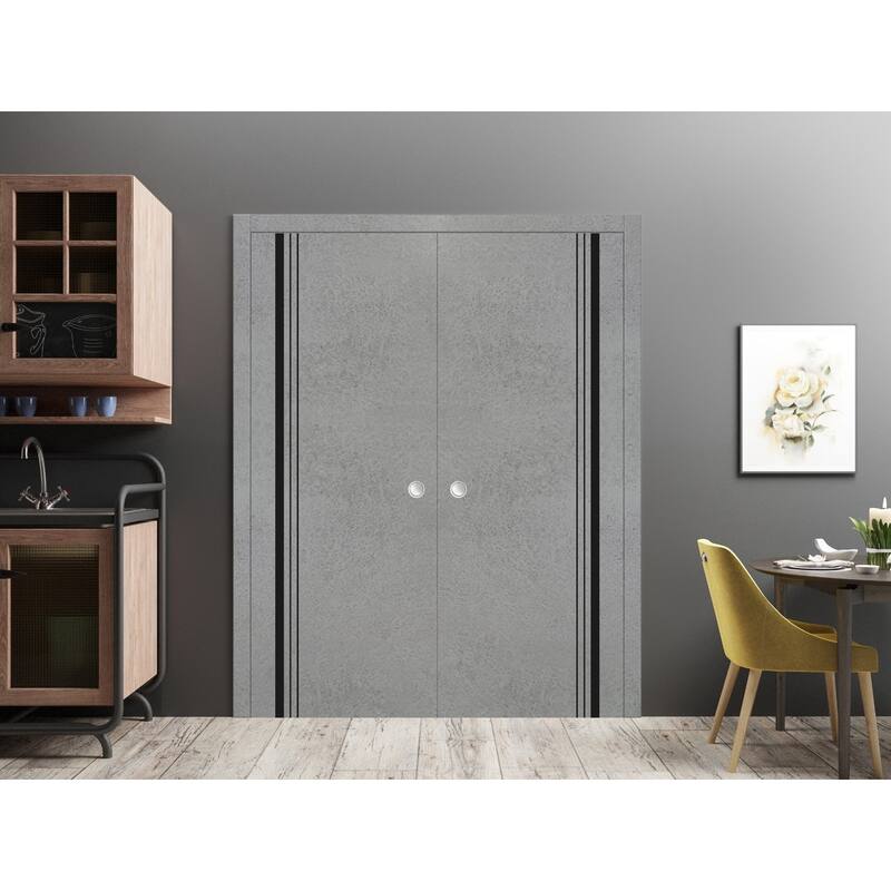 French Double Pocket Doors 36x80 Planum 0011 Concrete with Kit Trims Rail
