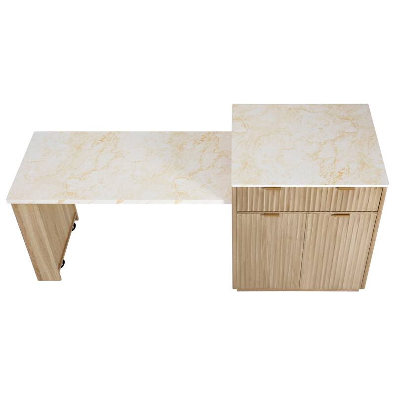 Fluted Kitchen Island with Extendable Dining Table, Power Outlet, Double Side Storage, 2 Drawers and 2 Side Open Shelves