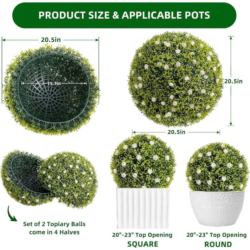 2 Pack 20.5" Artificial Flowers Topiary Balls for Home Decor, Wedding - 20.5 inch