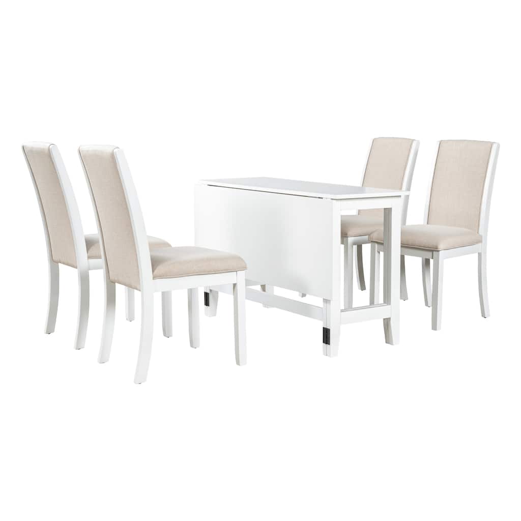 5-Piece 18-36 inch Extendable Drop Leaf Dining Talbe Set with 4 Upholstered Chairs for Country House City Apartment
