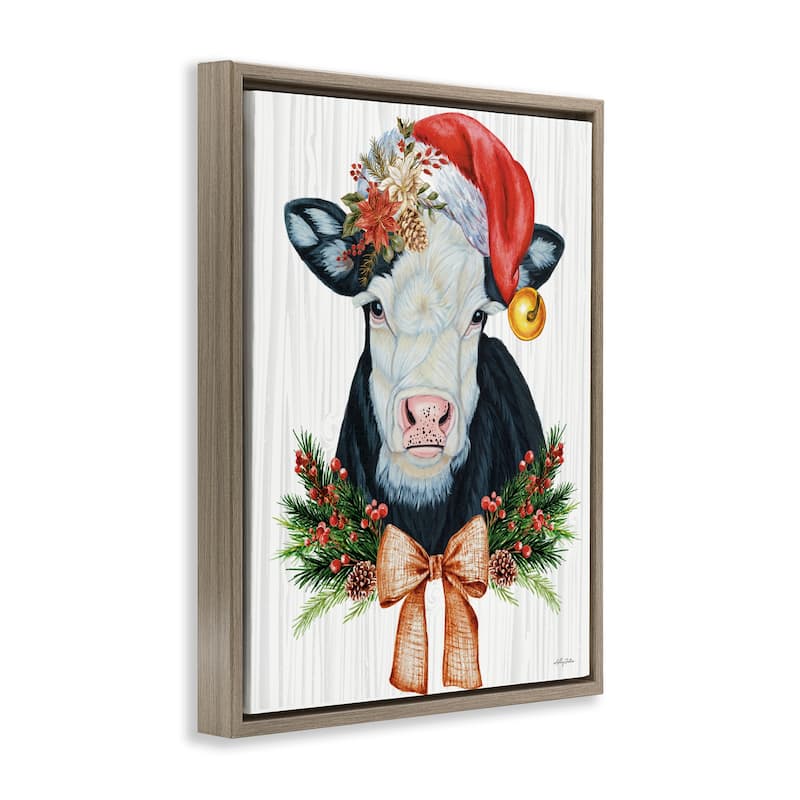 Stupell Festive Cow in Christmas Hat Framed Floater Canvas Wall Art Design By Ashley Justice