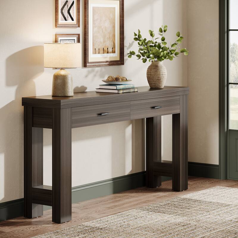 63 Inches Brown Wooden Entryway Table with 2 Drawers, Farmhouse Console Table for Hallway