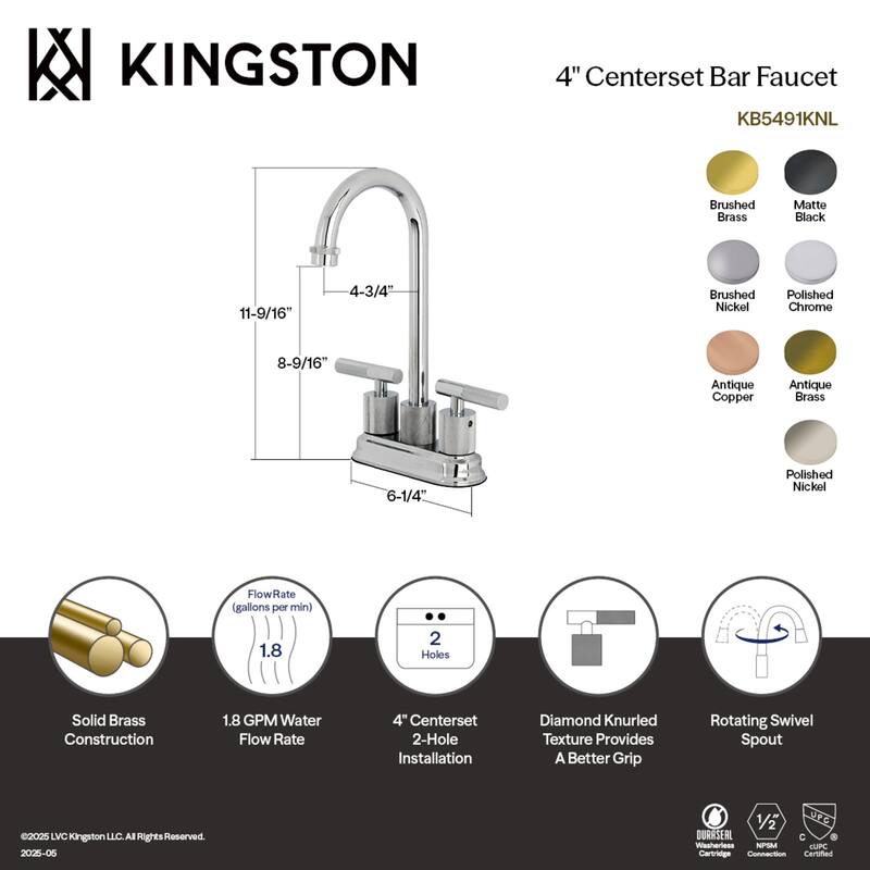 Kingston Brass Convergent Two-Handle 2-Hole Deck Mount Bar Faucet with Knurled Handle